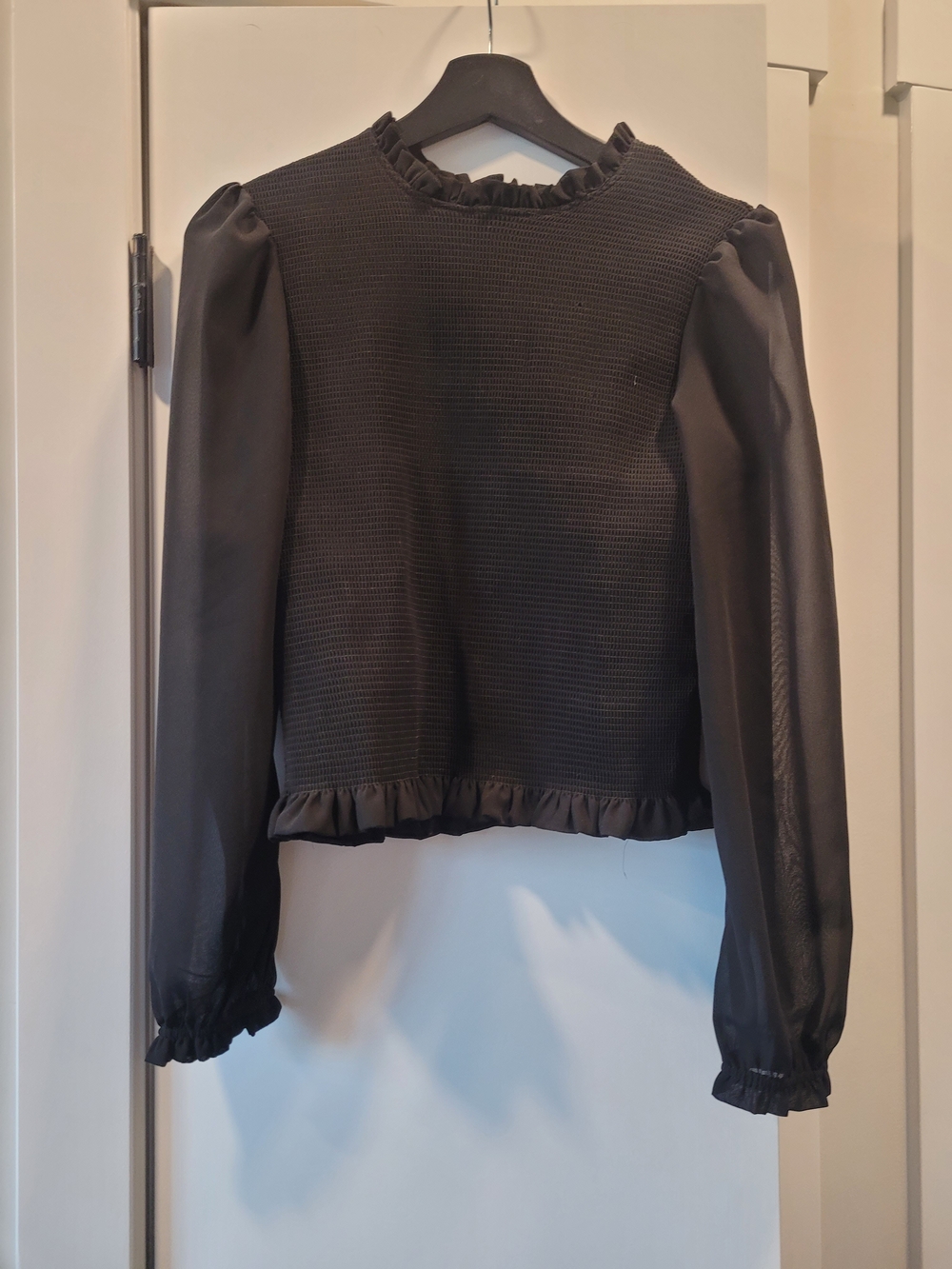 Black Tape_ Black Ruffle-Trim Puff Sleeve Sweater